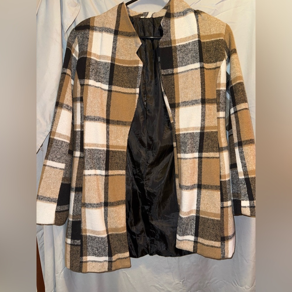 Plaid Women's Coat - Tan, Black, White